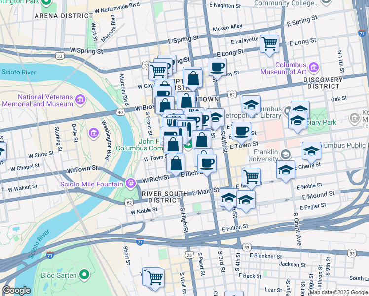 map of restaurants, bars, coffee shops, grocery stores, and more near 155 South Pearl Street in Columbus