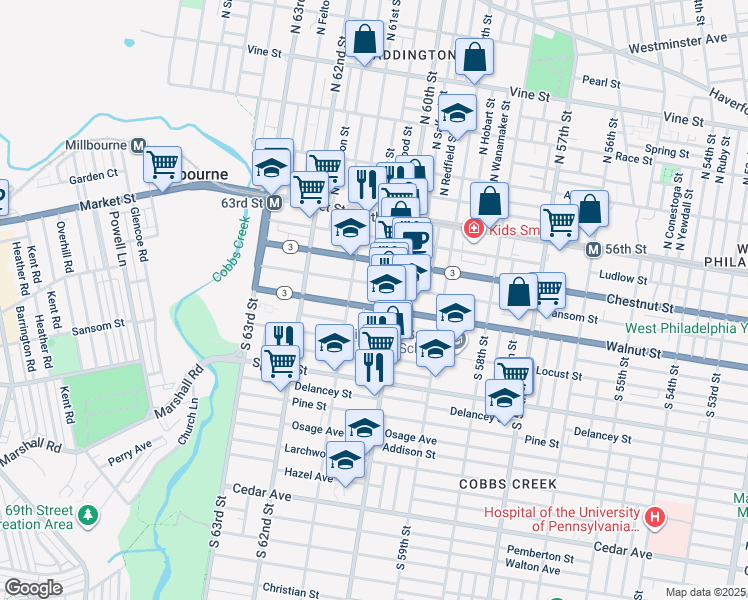 map of restaurants, bars, coffee shops, grocery stores, and more near 6023 Walnut Street in Philadelphia
