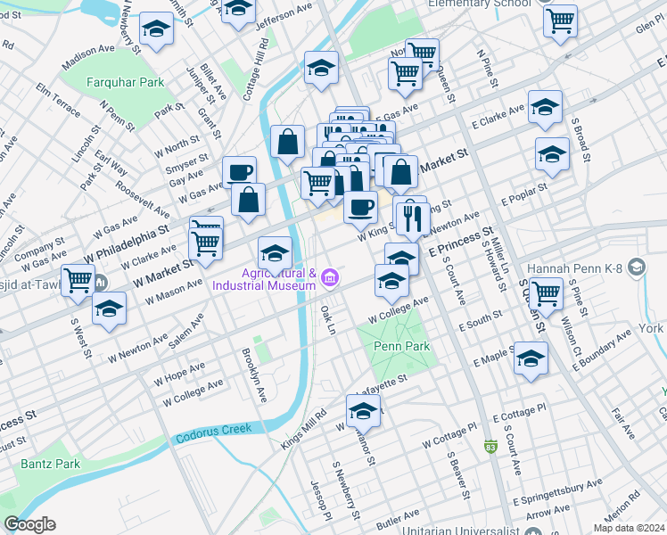map of restaurants, bars, coffee shops, grocery stores, and more near 125 South Pershing Avenue in York
