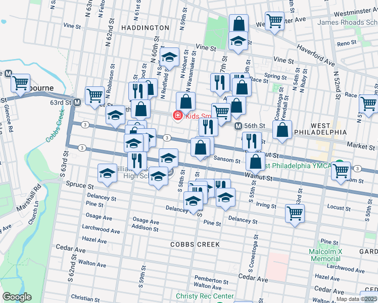 map of restaurants, bars, coffee shops, grocery stores, and more near 119 South 58th Street in Philadelphia