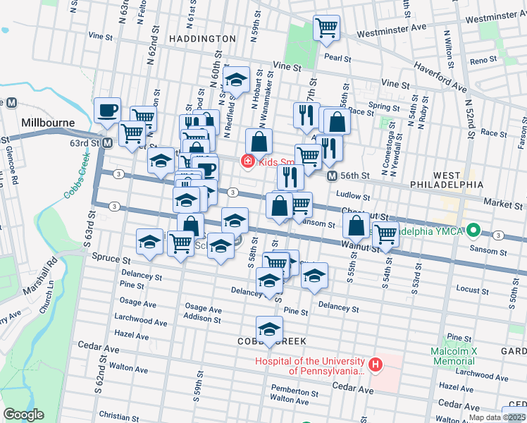 map of restaurants, bars, coffee shops, grocery stores, and more near 119 South 58th Street in Philadelphia