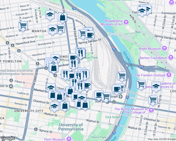 map of restaurants, bars, coffee shops, grocery stores, and more near 3200 Summer Street in Philadelphia