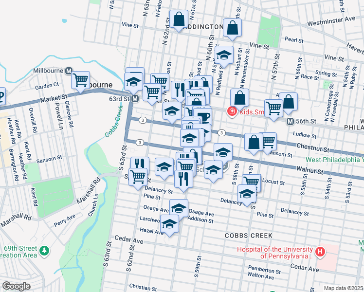 map of restaurants, bars, coffee shops, grocery stores, and more near 6027 Walnut Street in Philadelphia