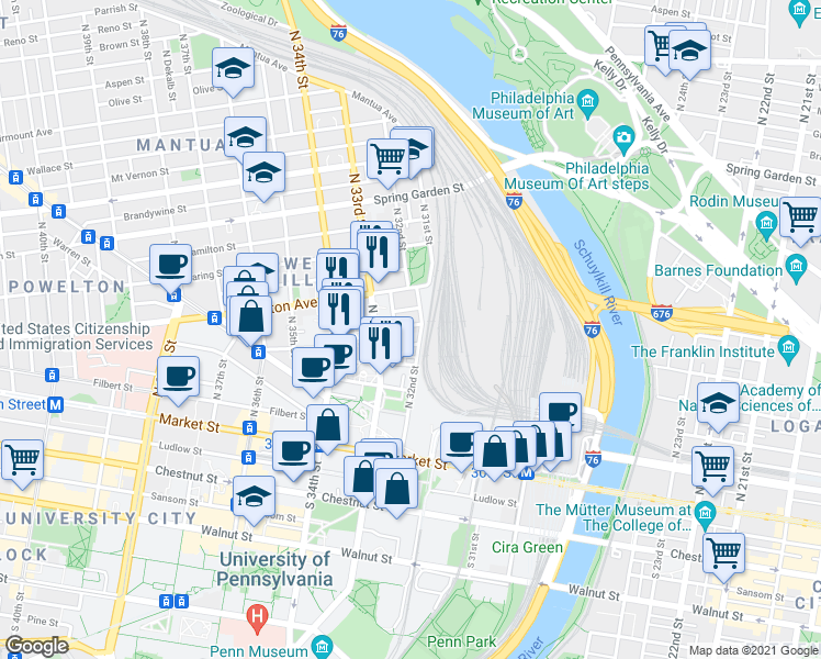 map of restaurants, bars, coffee shops, grocery stores, and more near 3200 Summer Street in Philadelphia