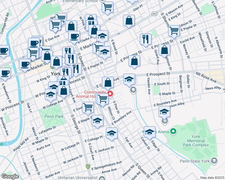 map of restaurants, bars, coffee shops, grocery stores, and more near 343 South Pine Street in York