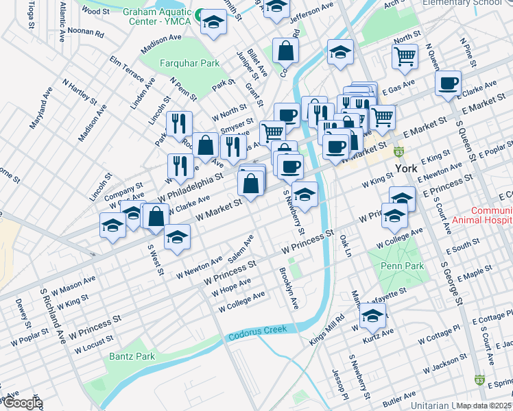 map of restaurants, bars, coffee shops, grocery stores, and more near 380 West Market Street in York