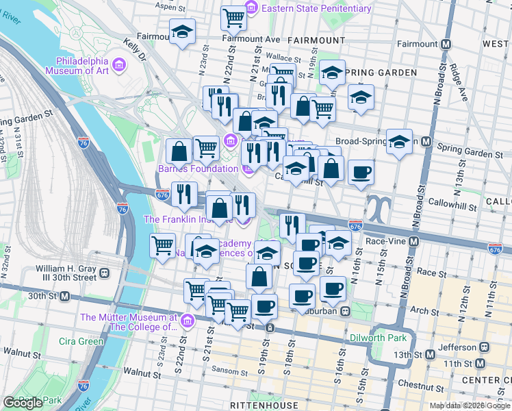 map of restaurants, bars, coffee shops, grocery stores, and more near 515 Vine Street in Philadelphia