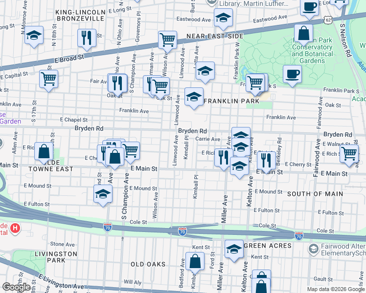 map of restaurants, bars, coffee shops, grocery stores, and more near 300 Linwood Avenue in Columbus
