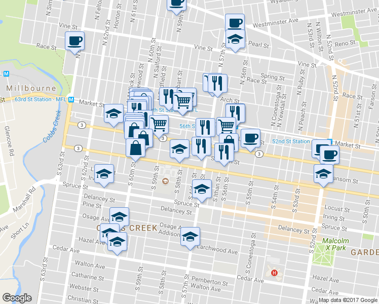 map of restaurants, bars, coffee shops, grocery stores, and more near 116 South Cecil Street in Philadelphia