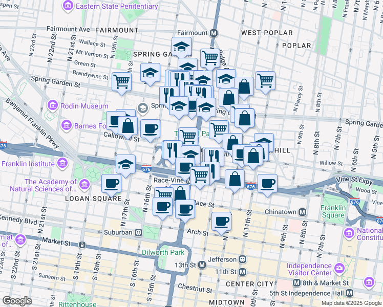 map of restaurants, bars, coffee shops, grocery stores, and more near 401 North Broad Street in Philadelphia