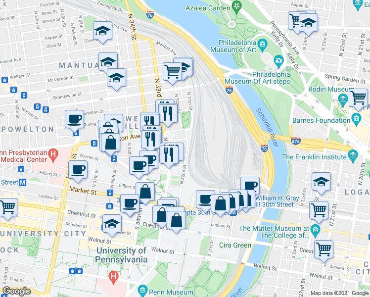 map of restaurants, bars, coffee shops, grocery stores, and more near in Philadelphia