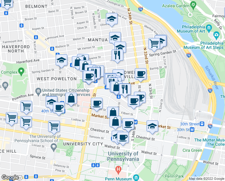 map of restaurants, bars, coffee shops, grocery stores, and more near in Philadelphia