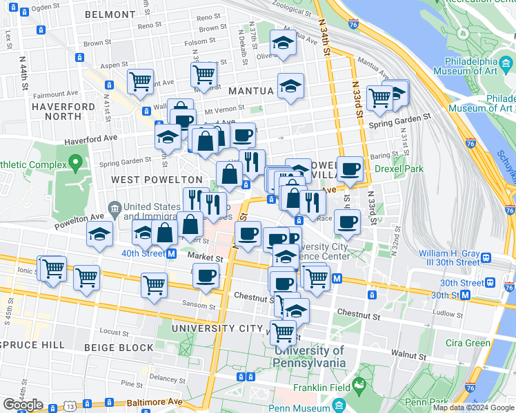 map of restaurants, bars, coffee shops, grocery stores, and more near in Philadelphia