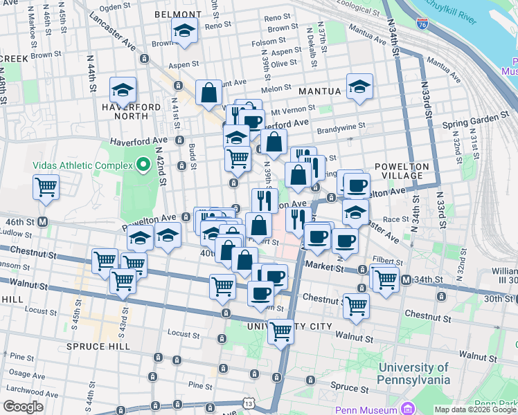 map of restaurants, bars, coffee shops, grocery stores, and more near 3907 Powelton Avenue in Philadelphia
