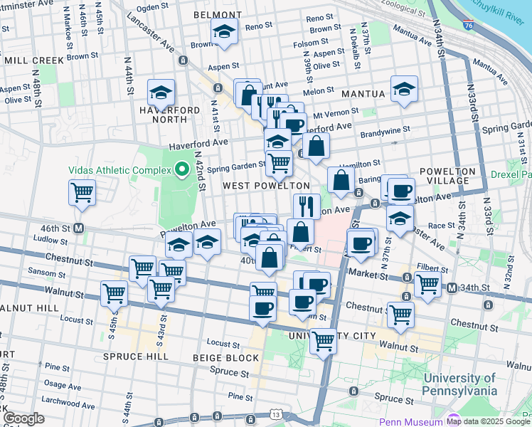 map of restaurants, bars, coffee shops, grocery stores, and more near 318 North 40th Street in Philadelphia
