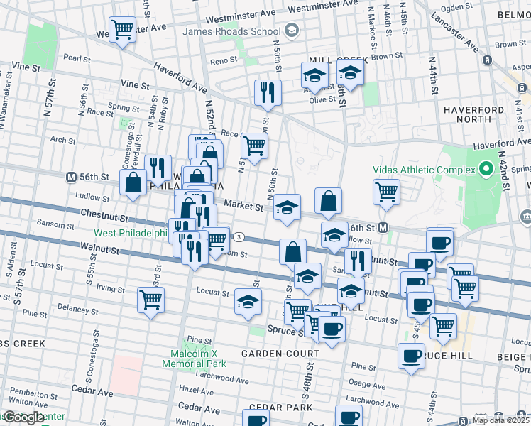 map of restaurants, bars, coffee shops, grocery stores, and more near 13 North 50th Street in Philadelphia