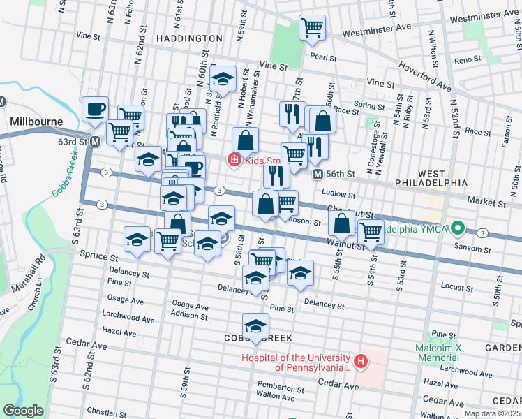 map of restaurants, bars, coffee shops, grocery stores, and more near 115 South Cecil Street in Philadelphia