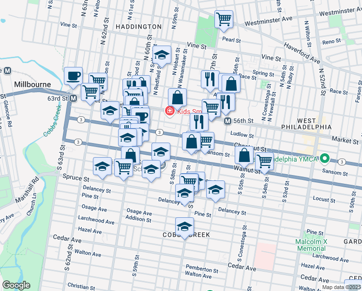 map of restaurants, bars, coffee shops, grocery stores, and more near 5755 Chestnut Street in Philadelphia