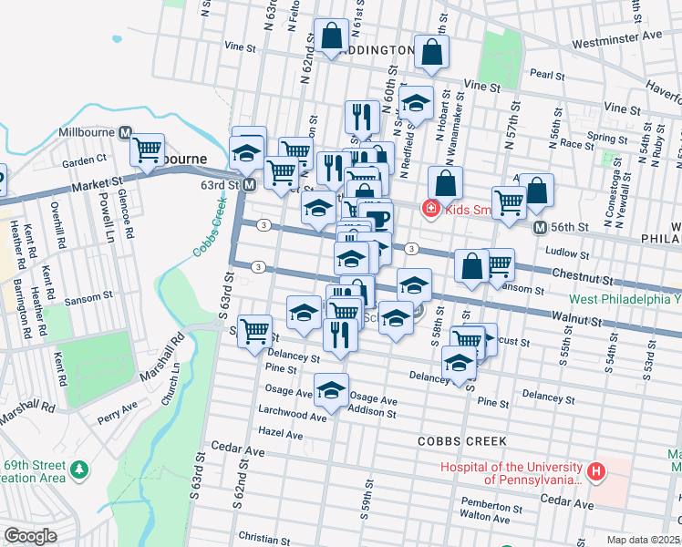 map of restaurants, bars, coffee shops, grocery stores, and more near 6023 Walnut Street in Philadelphia