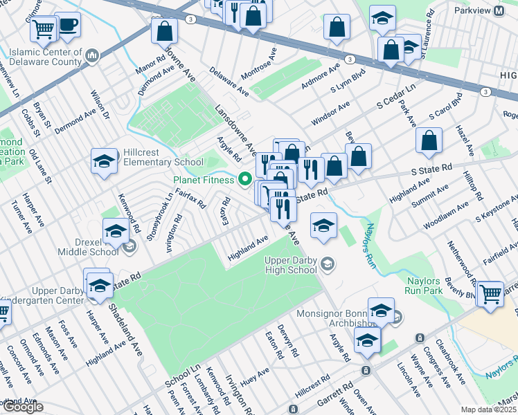 map of restaurants, bars, coffee shops, grocery stores, and more near 430 North Lansdowne Avenue in Drexel Hill