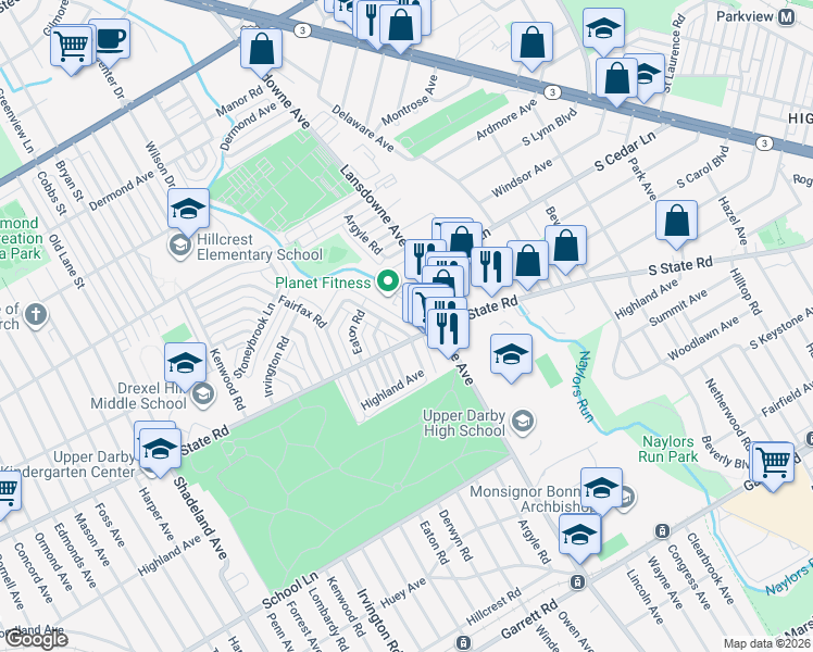 map of restaurants, bars, coffee shops, grocery stores, and more near 430 North Lansdowne Avenue in Drexel Hill