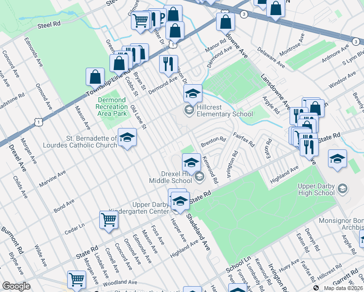 map of restaurants, bars, coffee shops, grocery stores, and more near 2600 Bond Avenue in Drexel Hill