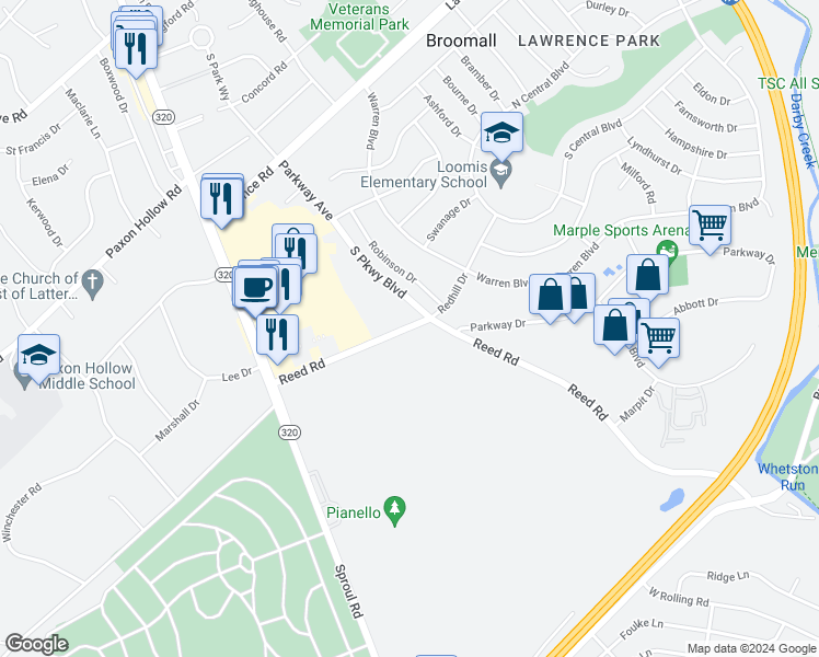 map of restaurants, bars, coffee shops, grocery stores, and more near 315 South Parkway Boulevard in Broomall