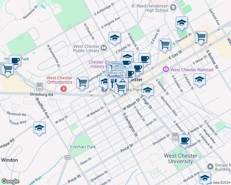 map of restaurants, bars, coffee shops, grocery stores, and more near 134 North Church Street in West Chester