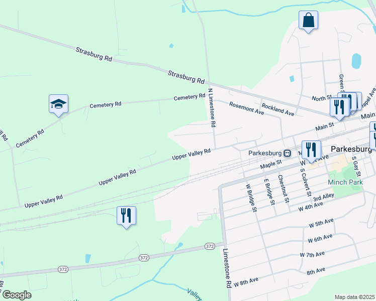 map of restaurants, bars, coffee shops, grocery stores, and more near 604 North Limestone Road in Parkesburg