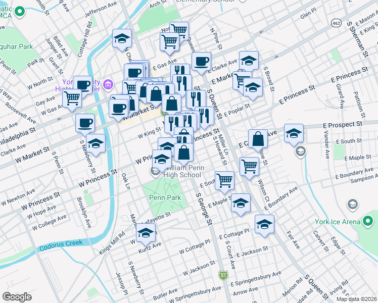 map of restaurants, bars, coffee shops, grocery stores, and more near 40 East Princess Street in York