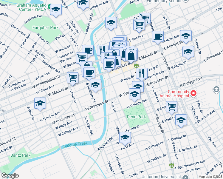 map of restaurants, bars, coffee shops, grocery stores, and more near 54 South Pershing Avenue in York