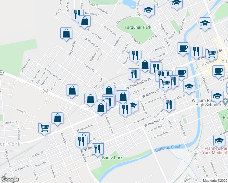 map of restaurants, bars, coffee shops, grocery stores, and more near 600 Company Street in York