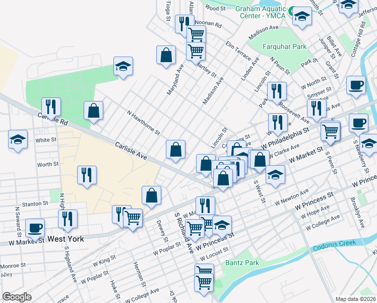 map of restaurants, bars, coffee shops, grocery stores, and more near 726 Madison Avenue in York