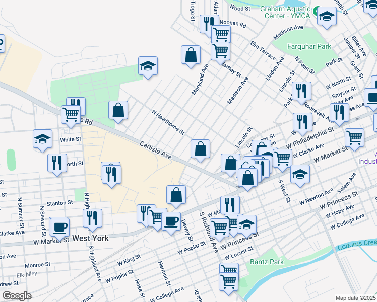 map of restaurants, bars, coffee shops, grocery stores, and more near 422 North Hawthorne Street in York