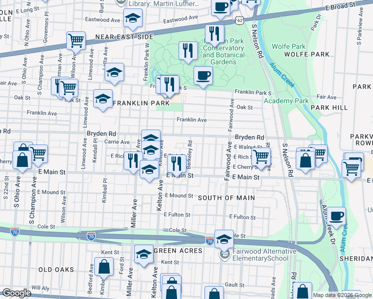 map of restaurants, bars, coffee shops, grocery stores, and more near 1639 Bryden Road in Columbus