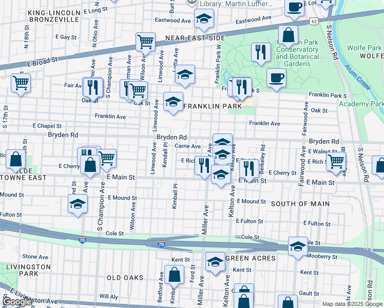 map of restaurants, bars, coffee shops, grocery stores, and more near 1411 Bryden Road in Columbus