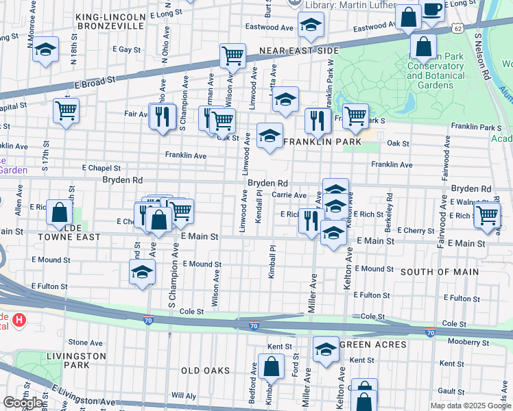 map of restaurants, bars, coffee shops, grocery stores, and more near 300 Linwood Avenue in Columbus