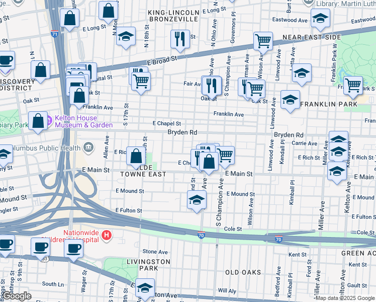 map of restaurants, bars, coffee shops, grocery stores, and more near 254 South 21st Street in Columbus