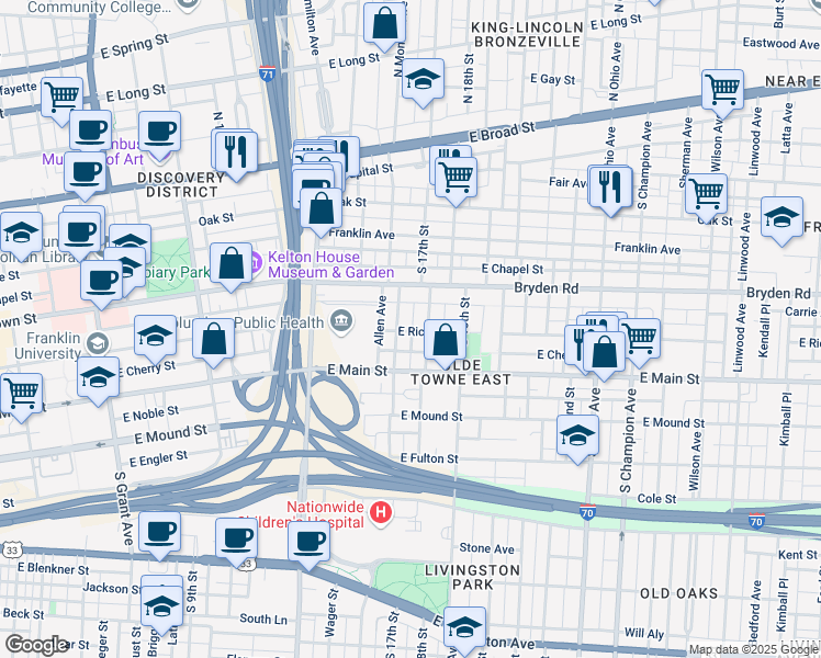 map of restaurants, bars, coffee shops, grocery stores, and more near 222 South Monroe Avenue in Columbus