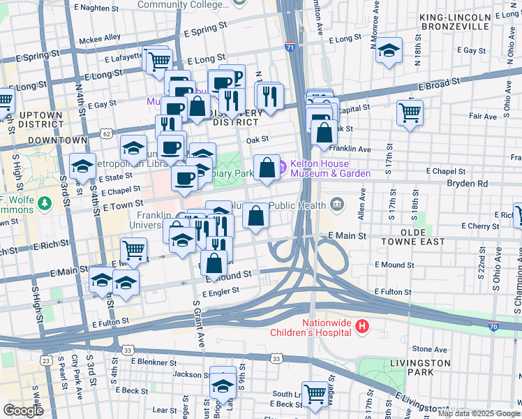 map of restaurants, bars, coffee shops, grocery stores, and more near 525 East Town Street in Columbus