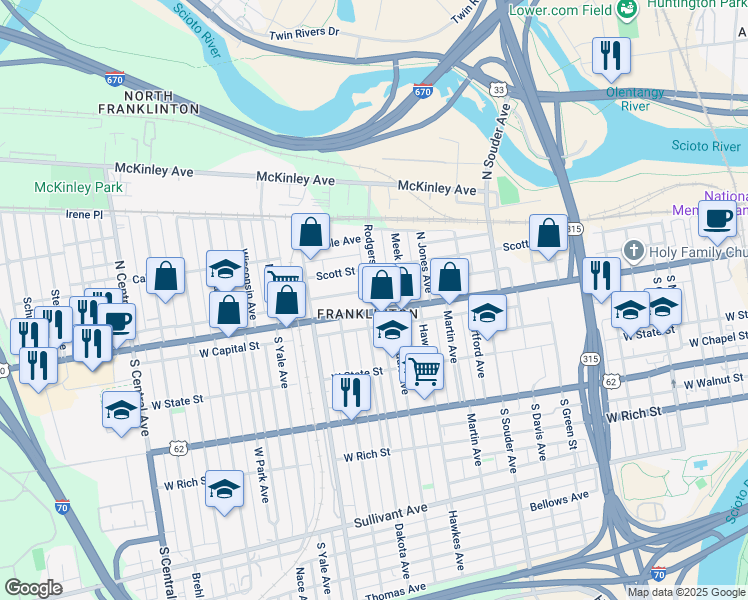 map of restaurants, bars, coffee shops, grocery stores, and more near 47 Rodgers Avenue in Columbus