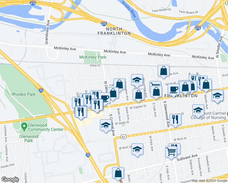 map of restaurants, bars, coffee shops, grocery stores, and more near 98 Hayden Avenue in Columbus