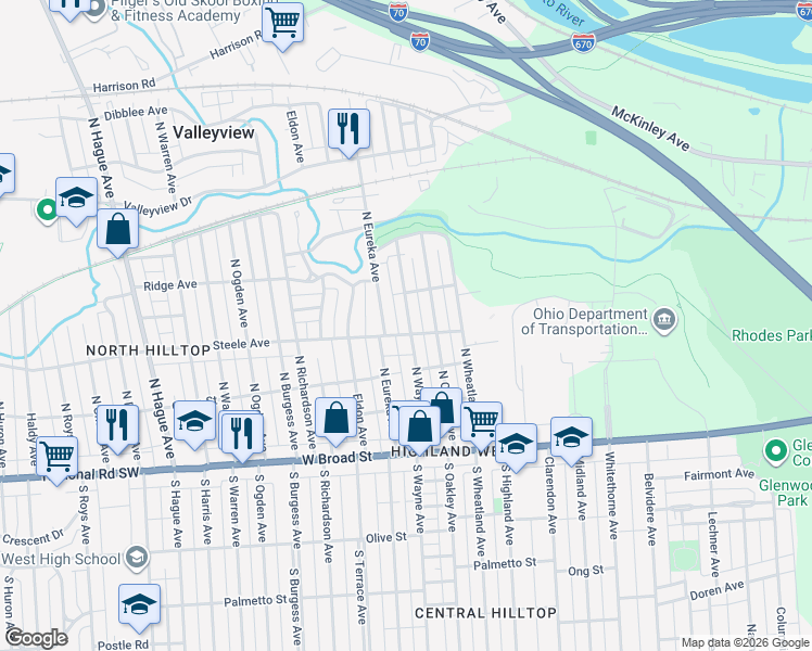 map of restaurants, bars, coffee shops, grocery stores, and more near 224 North Eureka Avenue in Columbus