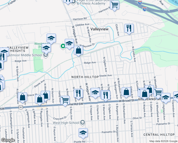 map of restaurants, bars, coffee shops, grocery stores, and more near 2735 Ridge Avenue in Columbus