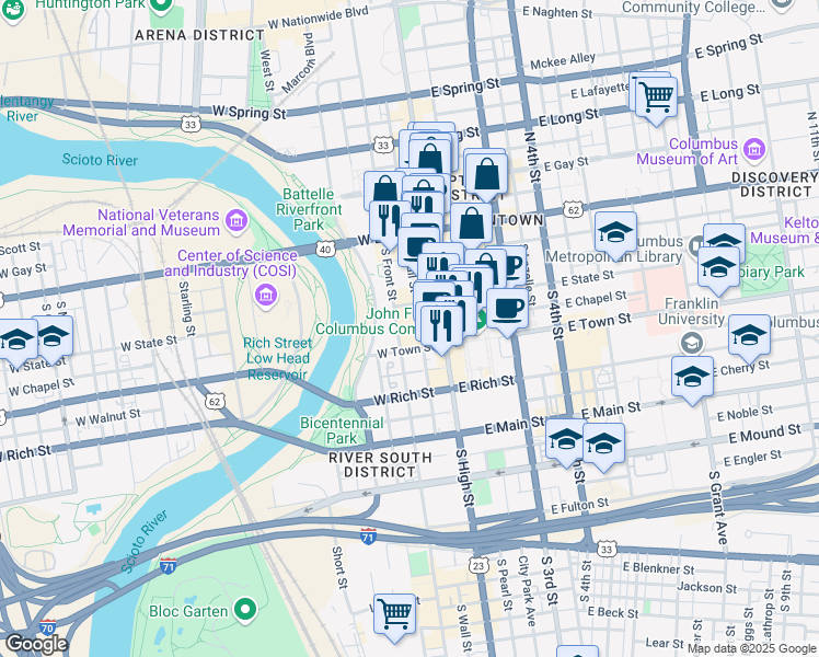 map of restaurants, bars, coffee shops, grocery stores, and more near 141 South High Street in Columbus