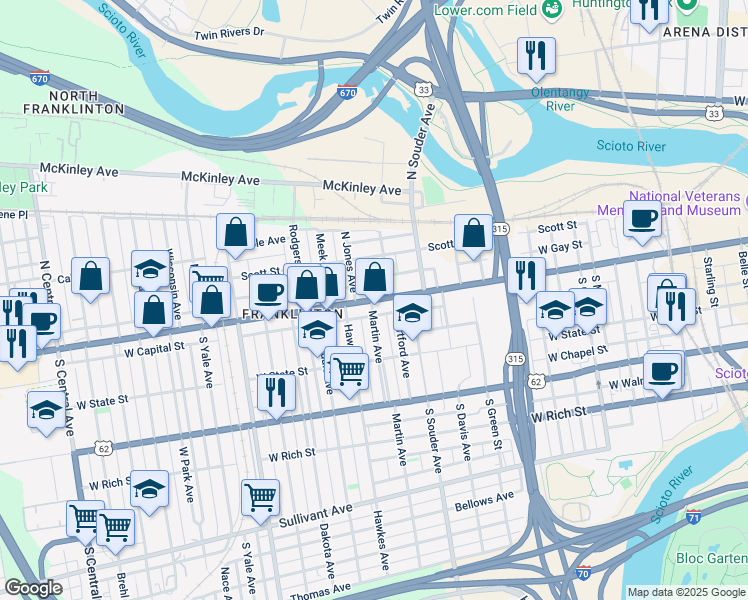 map of restaurants, bars, coffee shops, grocery stores, and more near 900 W Broad St in Columbus