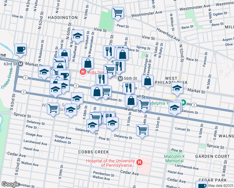 map of restaurants, bars, coffee shops, grocery stores, and more near 5667 Ludlow Street in Philadelphia