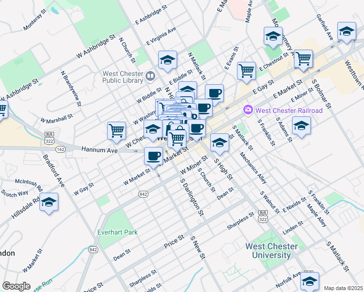 map of restaurants, bars, coffee shops, grocery stores, and more near in West Chester