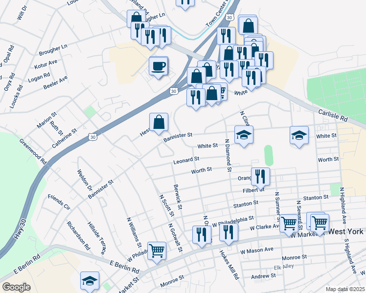 map of restaurants, bars, coffee shops, grocery stores, and more near 2012 White Street in York