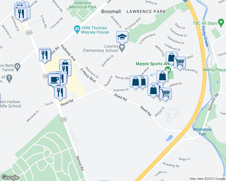 map of restaurants, bars, coffee shops, grocery stores, and more near 276 Parkway Drive in Broomall